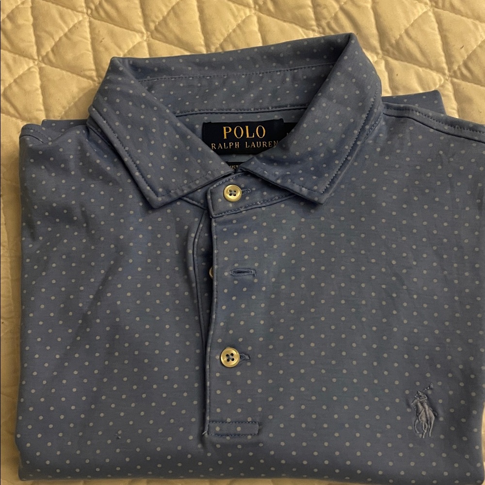 Ralph Lauren Light Blue Polka Dot Polo-slightly used